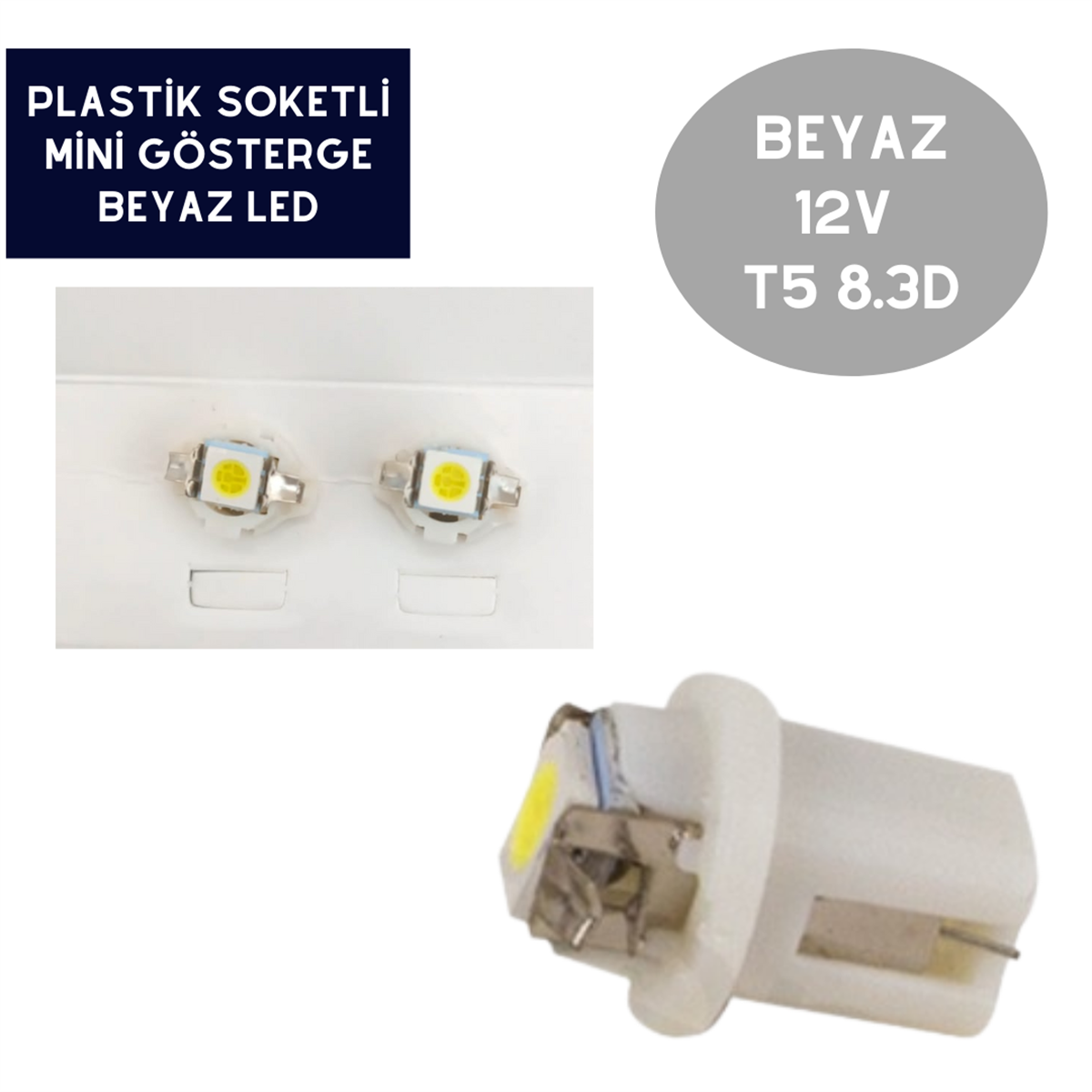 T5 AMPUL (3D) BEYAZ İĞNE GÖSTERGE LEDİ 12V SOKETLİ KOD:T58.3D