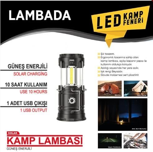 LAMBA KAMP FENERİ GÜNEŞ ENERJİLİ ÇAKARLI 10X16,5 USB GİRİŞ KOD:4456107