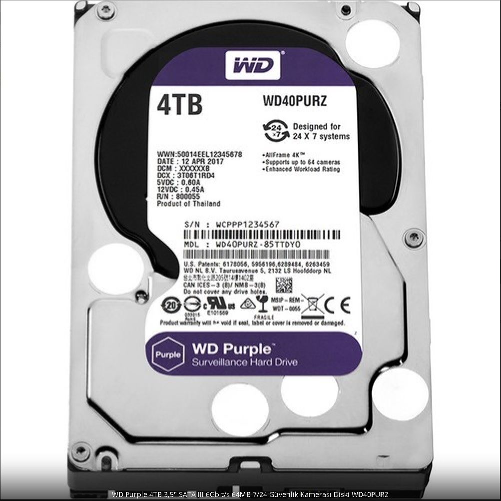WD Purple 4TB 3,5'' SATA III 6Gbit/s 64MB 7/24 Güvenlik Kamerası Diski WD40PURZ WD40PURZ